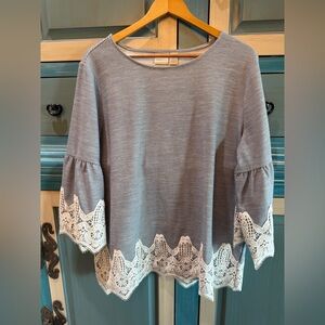 Chico's Blue Striped Top with White Lace Trim